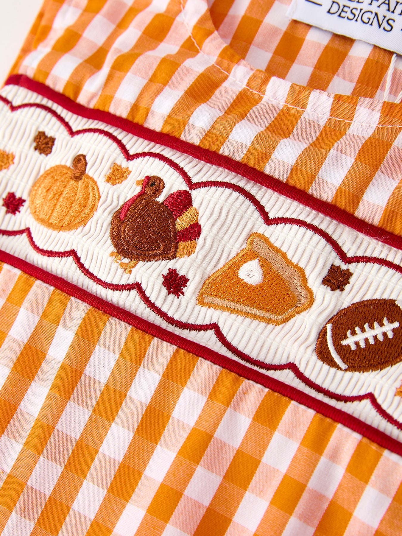Fall Turkey Embroidered Romper for Baby Boys – Orange Checkered with Thanksgiving Details