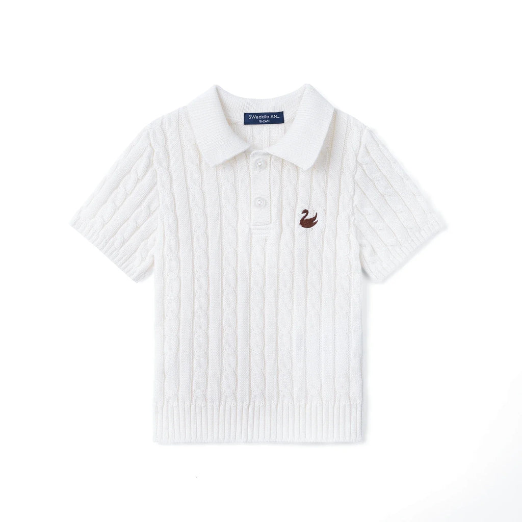 Cable Knit Polo Sweater in White