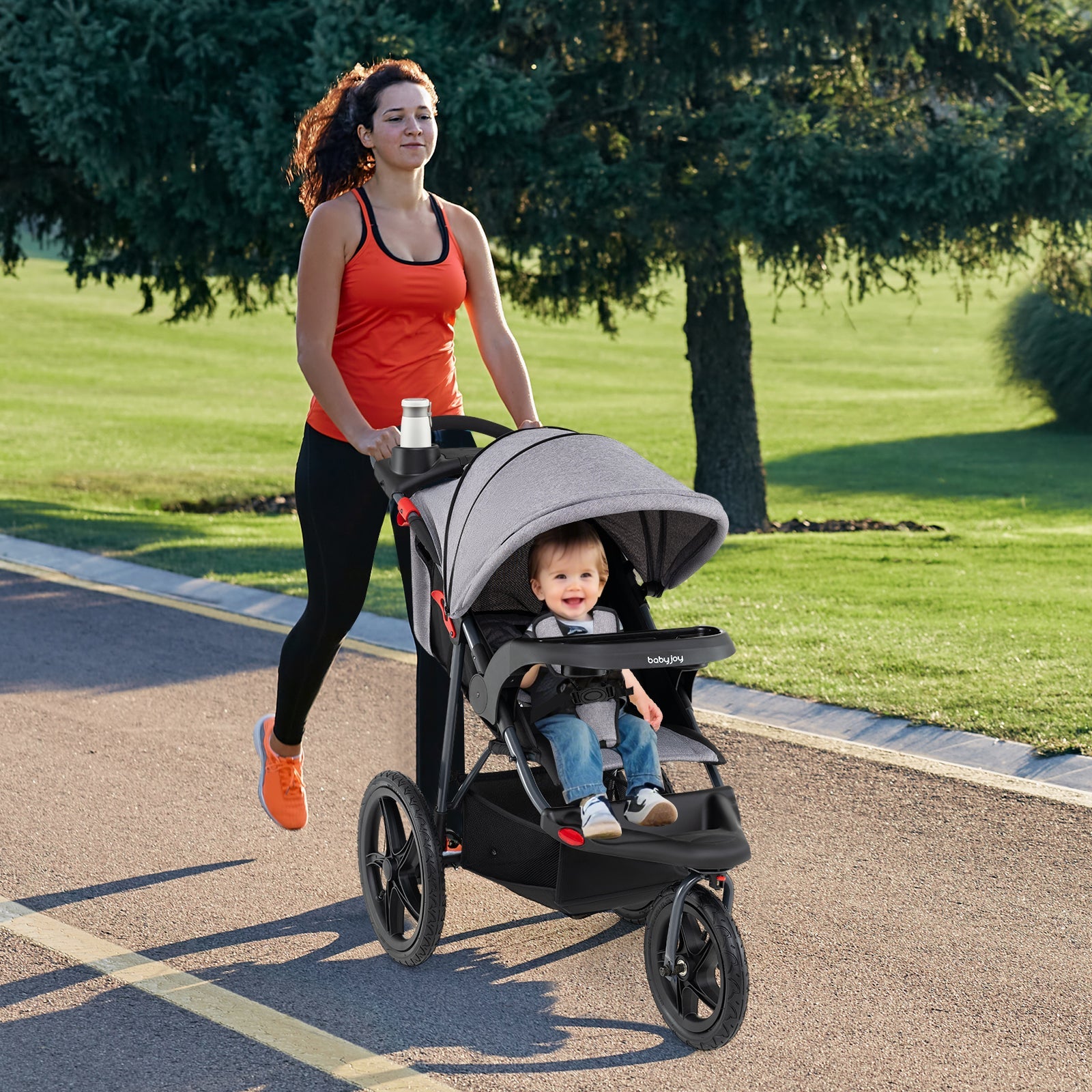 Foldable Jogging Stroller with Detachable Tray and Air-Filled Rubber Tires