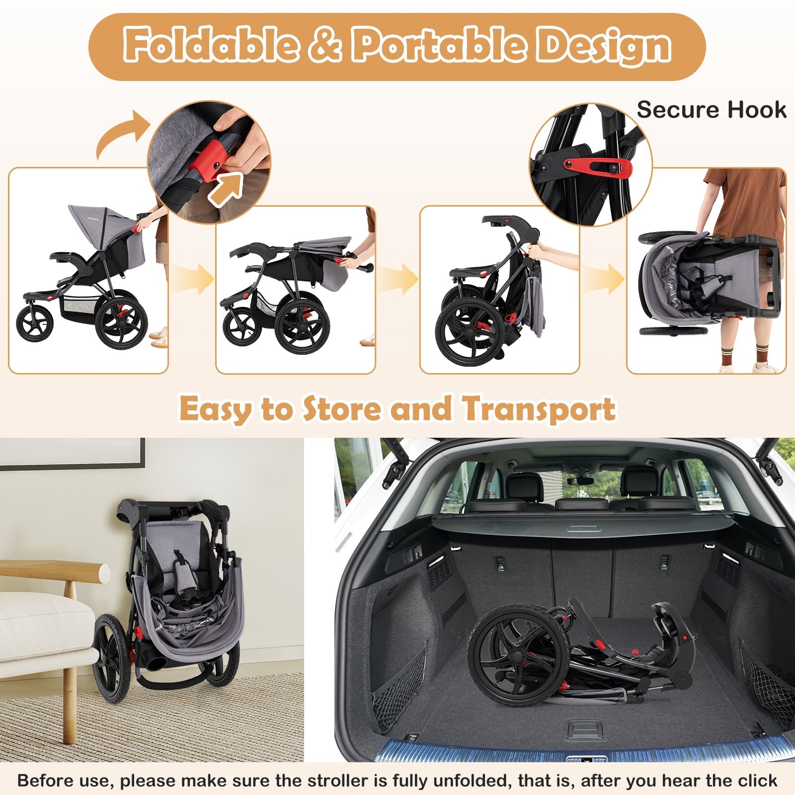 Foldable Jogging Stroller with Detachable Tray and Air-Filled Rubber Tires