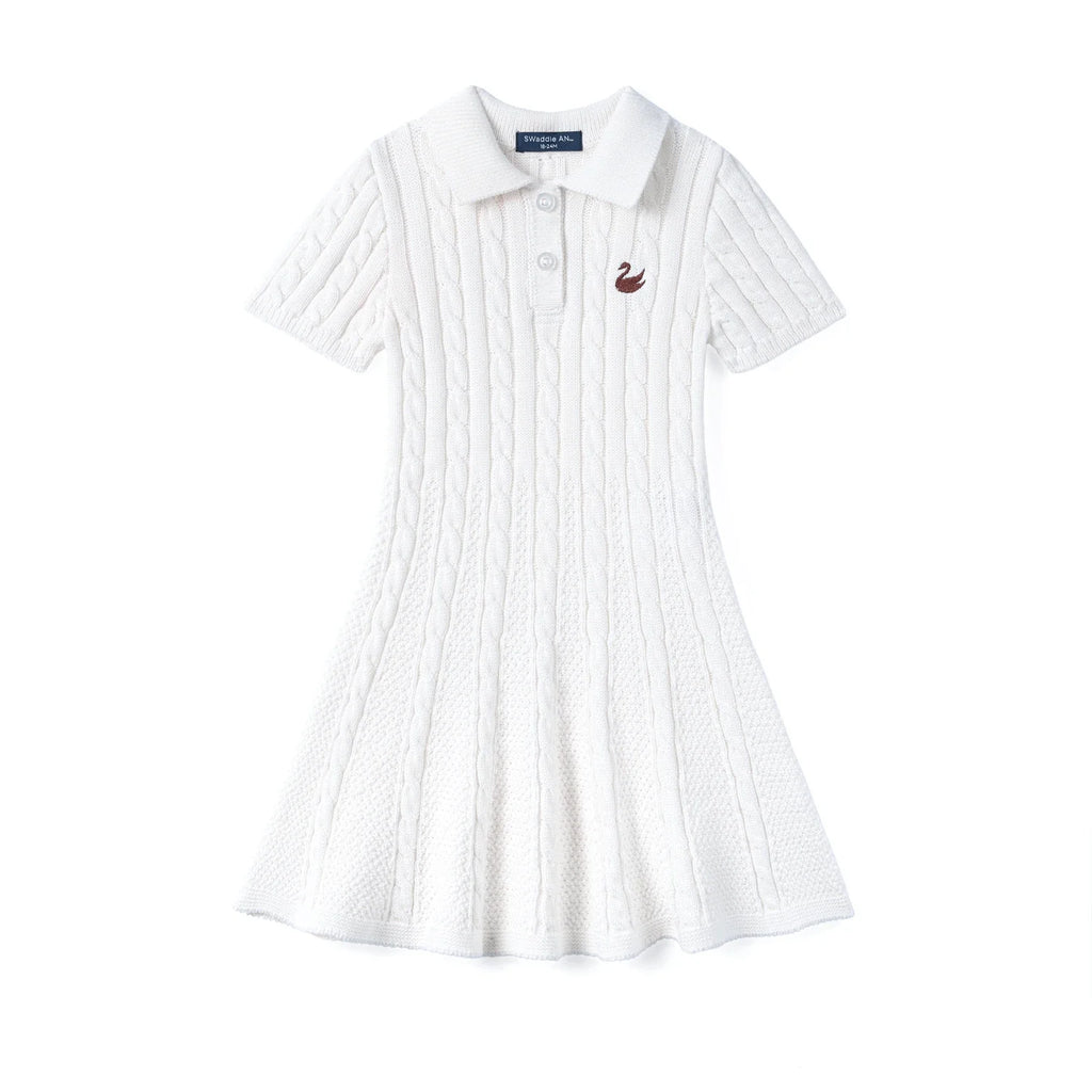 Cable Knit Polo Dress in White
