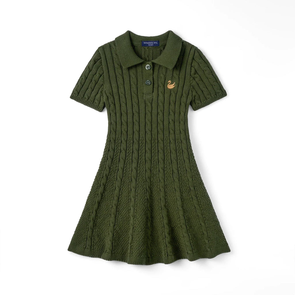 Cable Knit Polo Dress in Forest Green
