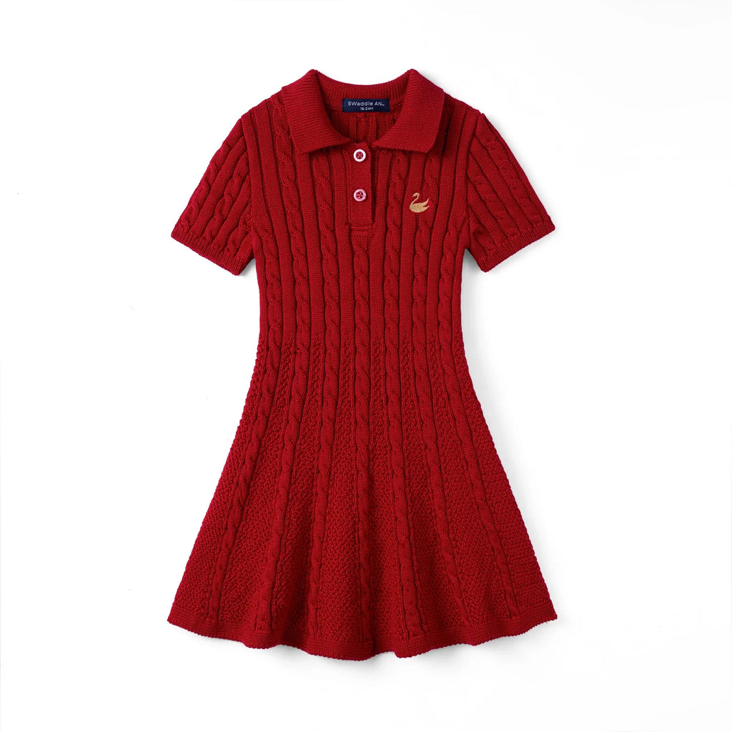 Cable Knit Polo Dress in Red Xmas