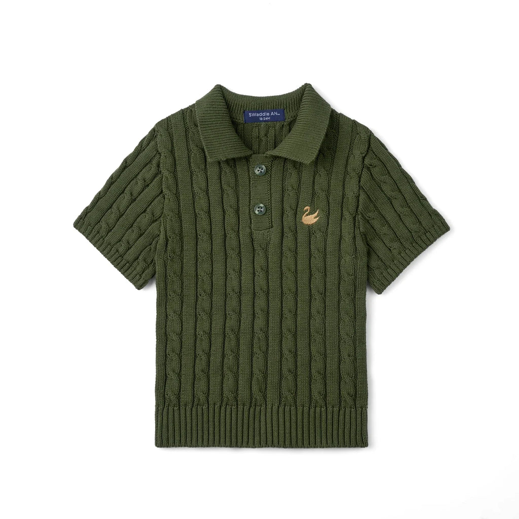 Cable Knit Polo Sweater in Forest Green
