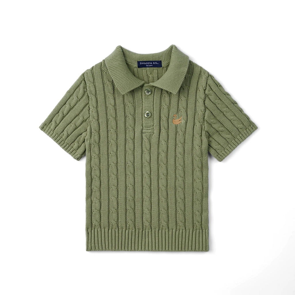 Cable Knit Polo Sweater in Sage Green